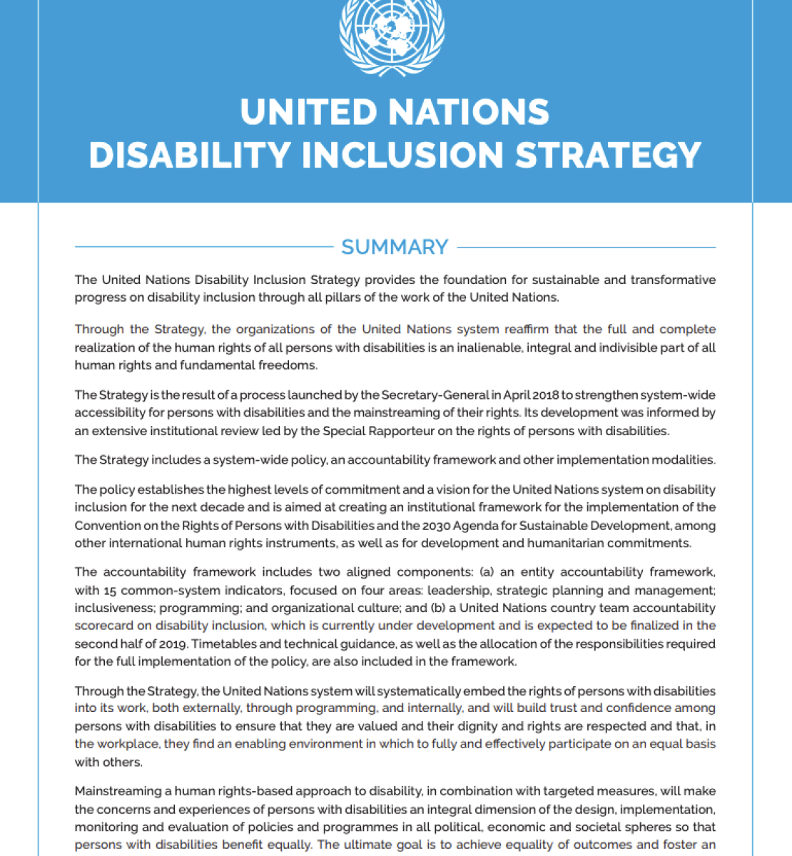 The first page of the disability inclusion manual with the United Nations Logo on top.