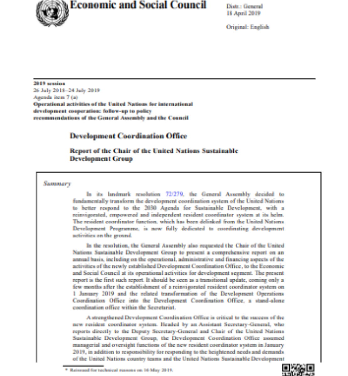 2019年联合国可持续发展集团主席的报告