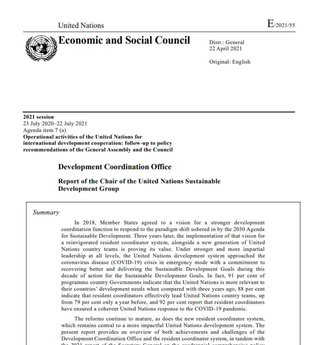 2020年联合国可持续发展集团主席关于发协办的报告