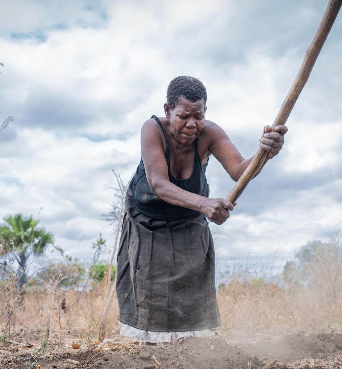 En Afrique, une femme travaille une terre aride à l’aide d’une pioche par un temps couvert.