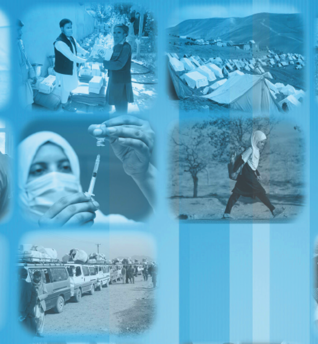 Several black and white images of people in Afghanistan under a blue tint. 
