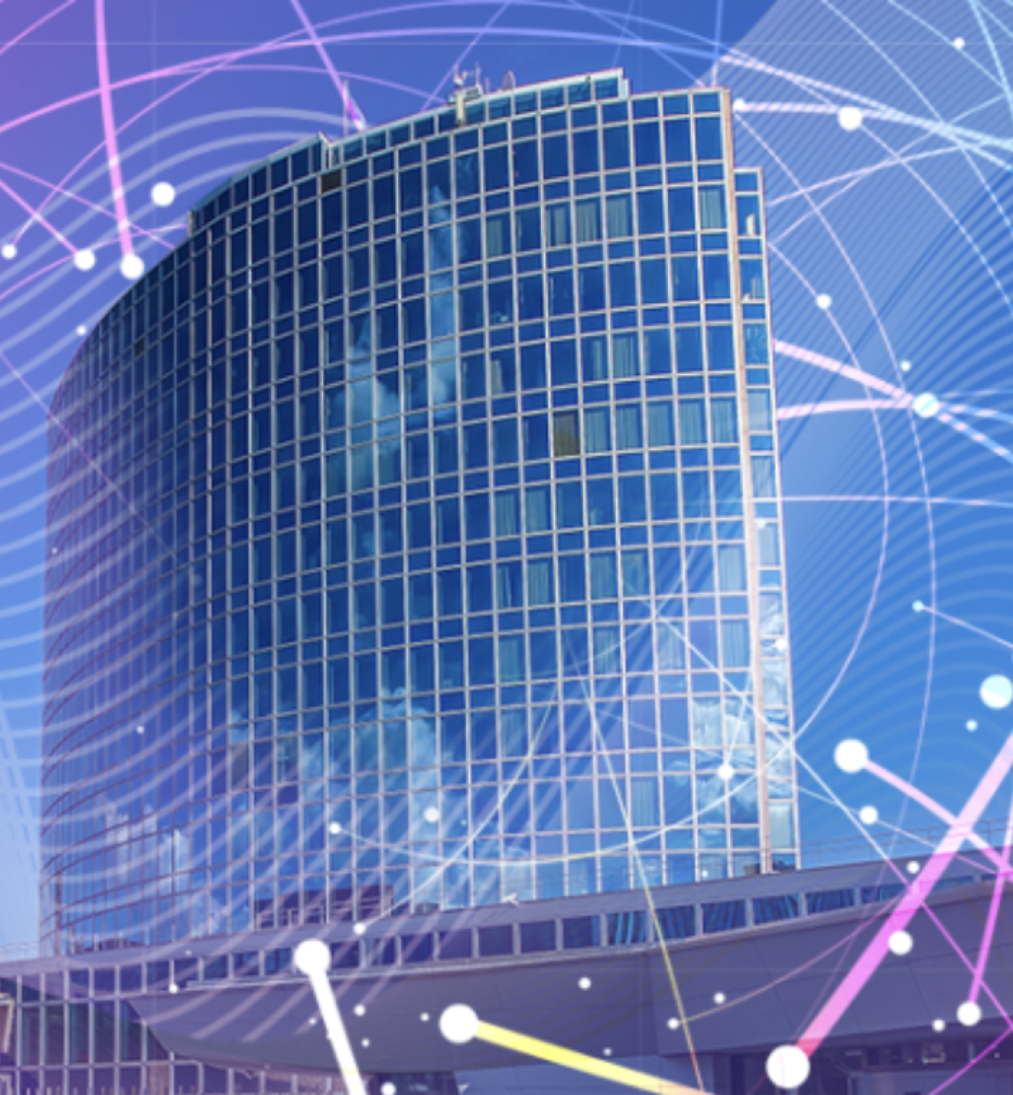 Стилизованное изображение здания ВОИС с нарисованным вокруг него цифровым глобусом. 