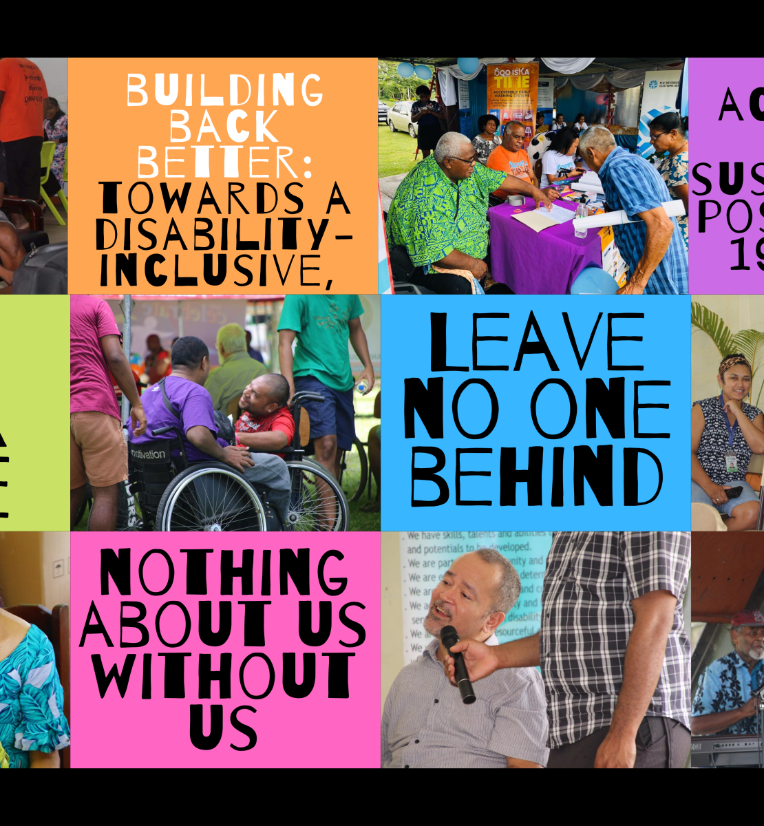 مجموعة من الكلمات والصور توضح الطرق المختلفة التي تساعد بها الأمم المتحدة في تحقيق أهداف التنمية المستدامة من خلال مساعدة الأشخاص ذوي الإعاقة.