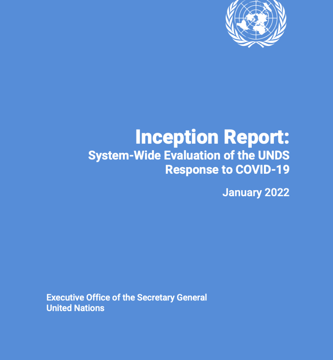 Una cubierta azul con el logo de las Naciones Unidas y el título en inglés: Inception Report: System-Wide Evaluation of the UNDS Response to COVID-19 in English