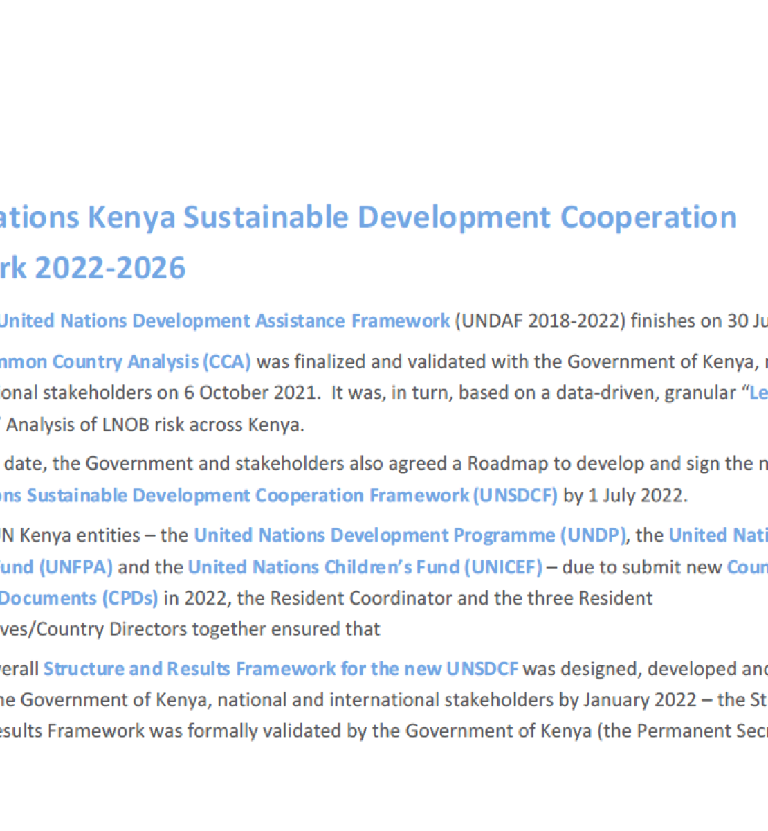 Se trata de un documento con fondo blanco y texto blanco y azul.  El logotipo del equipo de las Naciones Unidas en Kenya aparece en la parte superior izquierda.