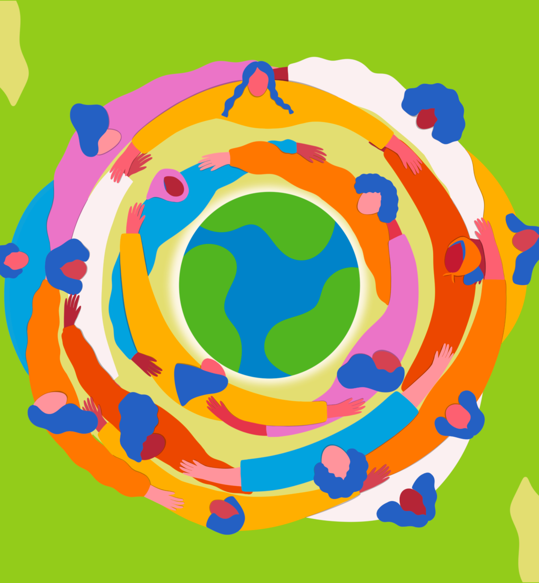 Women in bright colours forming circles around the earth against a mostly green background with olive branches on the upper left and lower right corner.