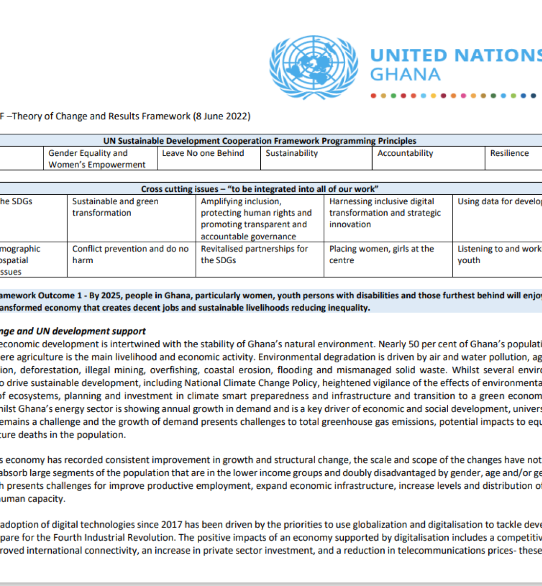 La portada consiste en un cuadro con el marco de resultados del MCNUDS.  El fondo es blanco, con texto negro.  El logotipo del equipo de las Naciones Unidas en el país aparece en la parte superior derecha.