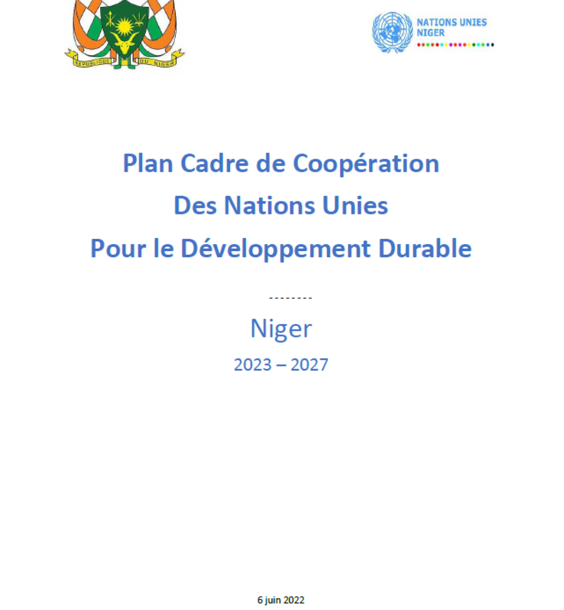 Este documento tiene un fondo blanco y texto azul.  Los logotipos del equipo de las Naciones Unidas en el país y del Gobierno aparecen en la parte superior de la página.