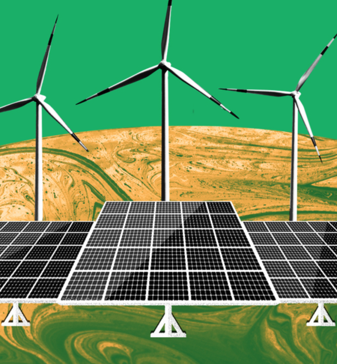A graphic depicting alternative energy (solar panels and wind turbines).
