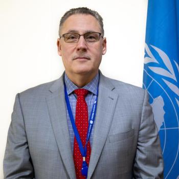 Man in grey suit in front of a UN flag