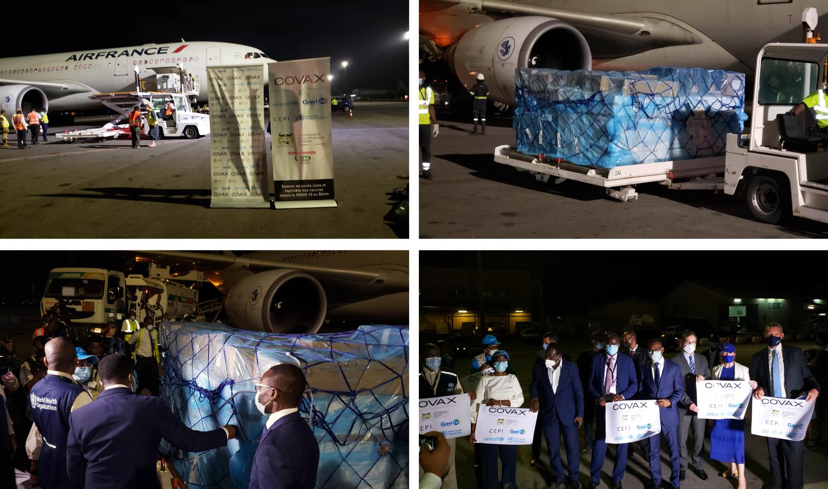 A grid of four images show the arrival of a plane that contains the COVAX-backed vaccines. Several UN and local authorities stand by awaiting the arrival. 