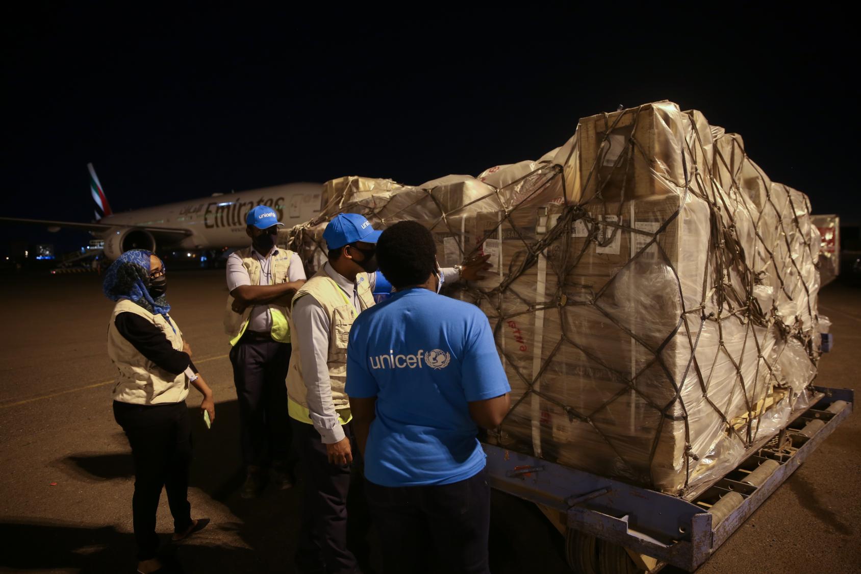 Four people stand next to a large shipment of vaccines wrapped with ropes. 