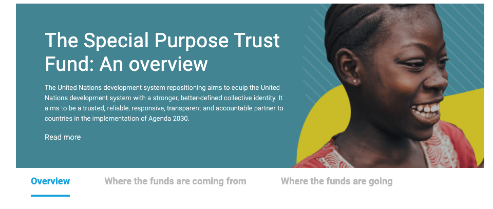 Screenshot from the Special Purpose Trust Fund page. The image shows a girl smiling happily with a text to the left of her image.