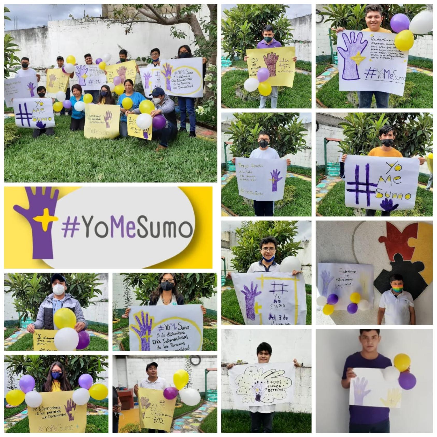 صورة مجمّعة لصور شباب ذوي قدرات مختلفة يحمل لافتات YoMeSumo#.