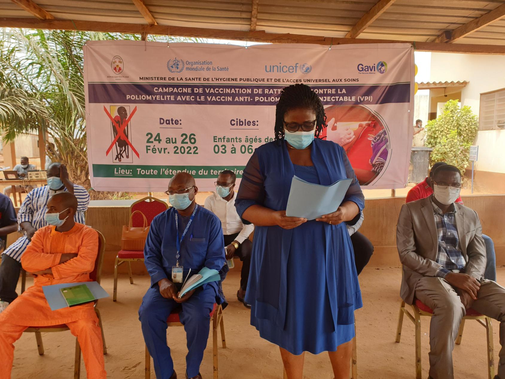 The Chief of Staff of the Togolese Ministry of Health speaks at the ceremony that launched the catch-up vaccination campaign against polio in February 2022.