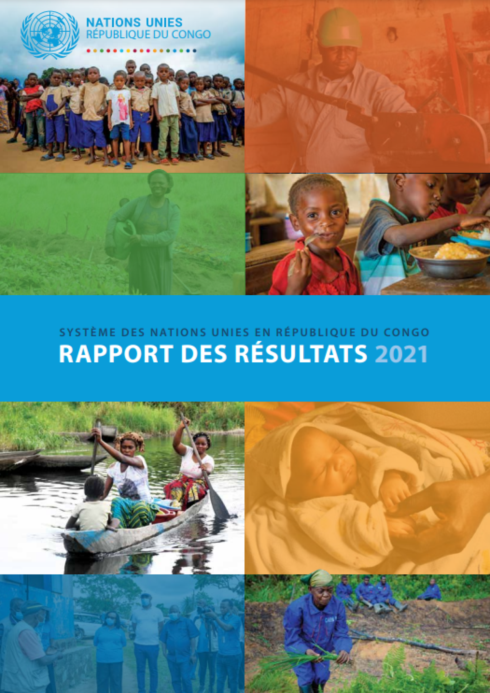 Colorful quadrants on a report cover (orange, yellow green) featuring people in different settings.