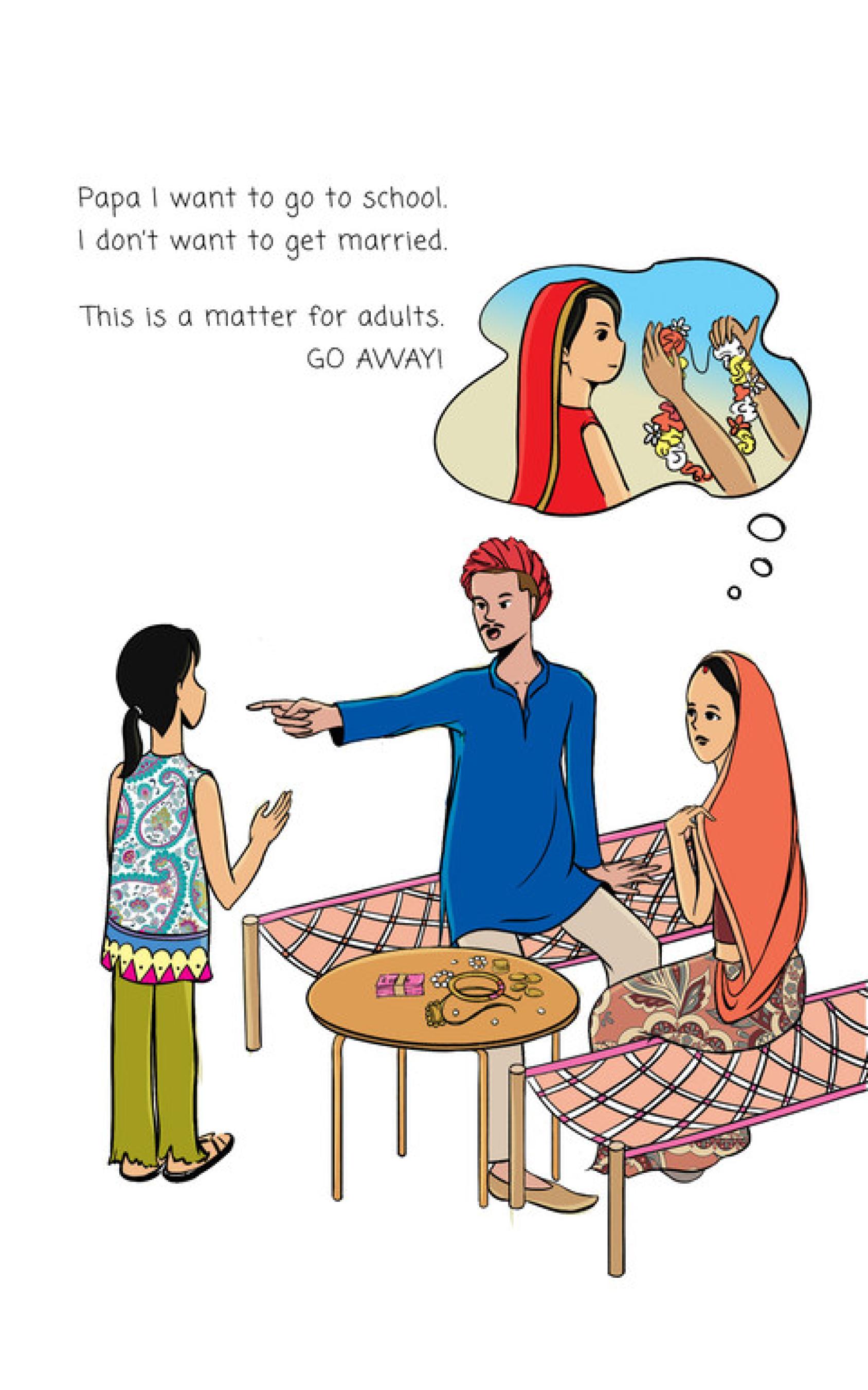 Una ilustración que muestra a una familia india, con el padre señalando con el dedo a la joven hija y exigiéndole que se case, la madre escuchando en silencio, mientras la niña quiere ir a la escuela.