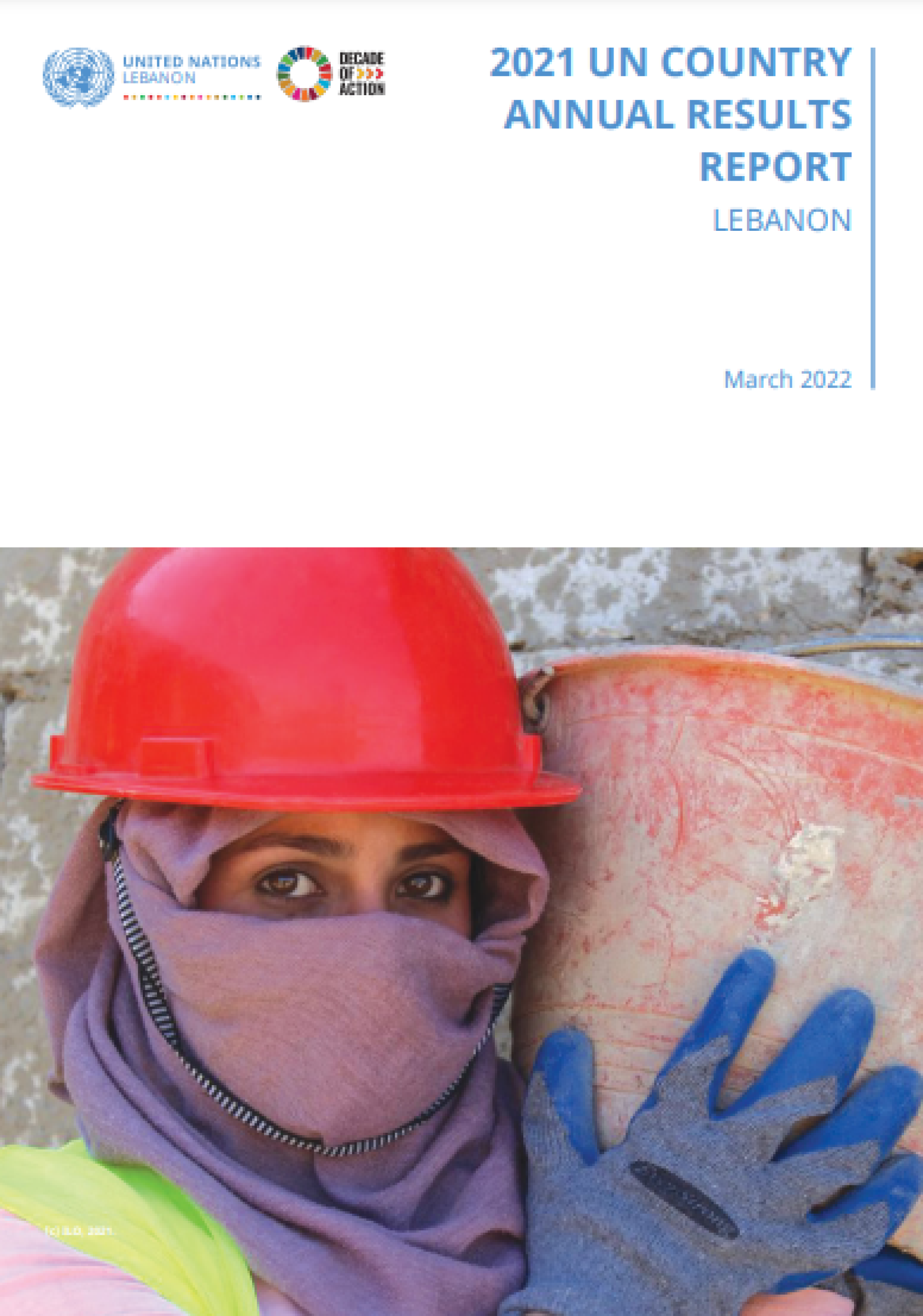 A report cover featuring a woman in a scarf with a hard hat for construction work. 