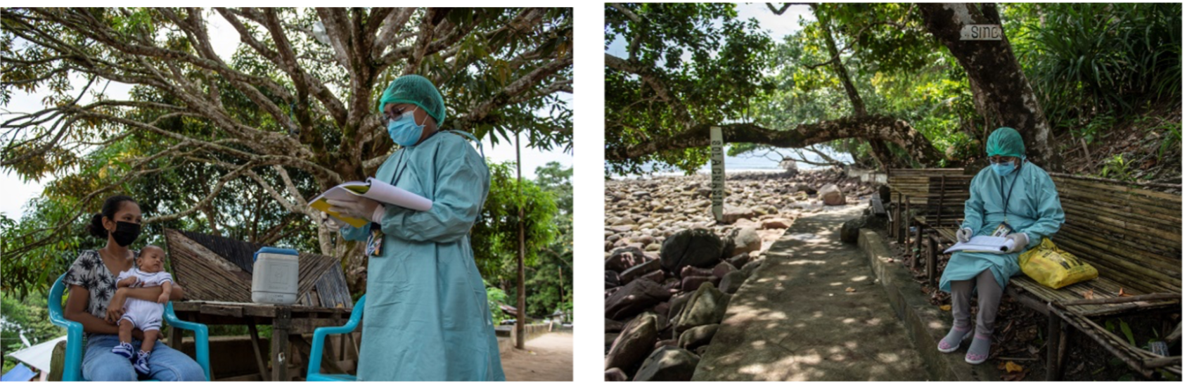 2 fotos de una enfermera en el bosque escribiendo en una bitácora sanitaria.