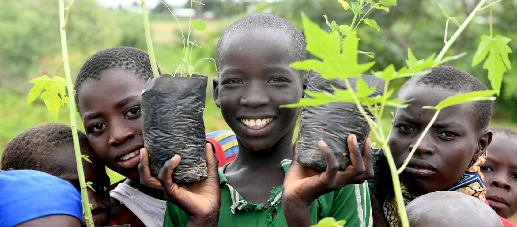Niños y niñas en un vivero de Camerún sostienen plantas jóvenes y miran a la cámara con una gran sonrisa en sus rostros