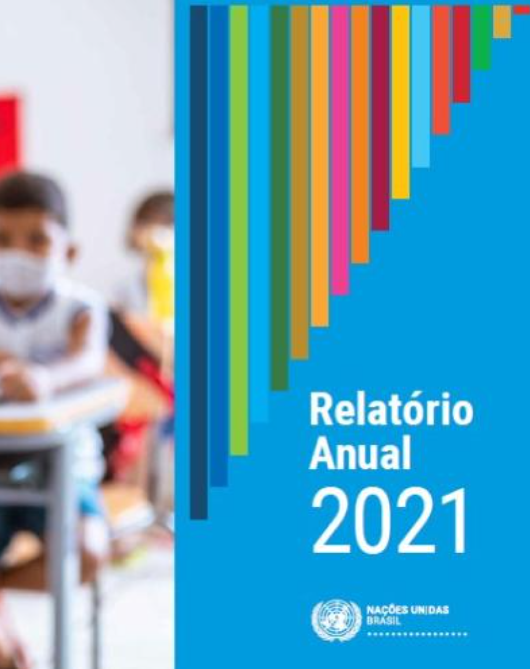 Brasil Annual Results Report cover (children in a classroom, with a blue and rainbow-colored color on the right side).