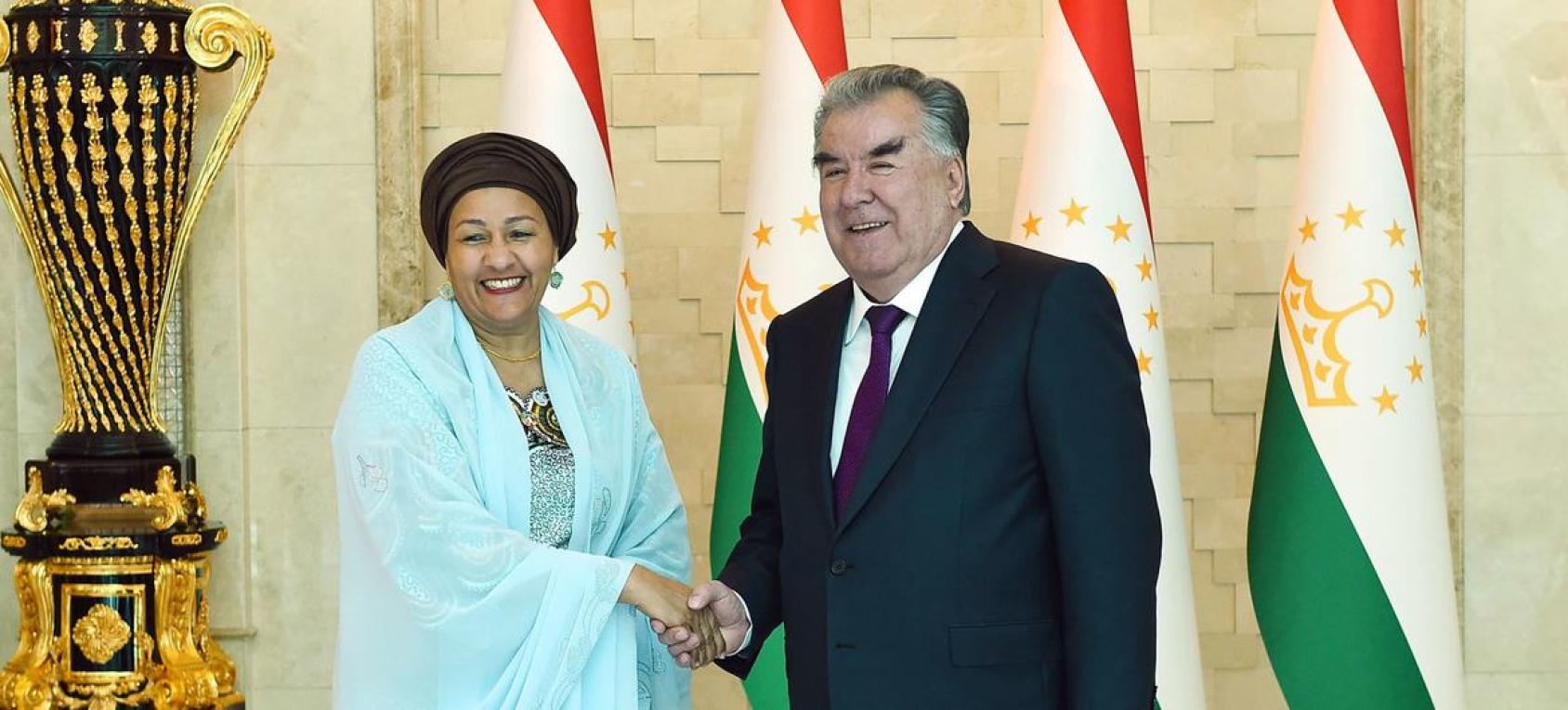 UN Deputy Secretary-General Amina Mohammed and the President of Tajikistan, Imomali Rahmon.