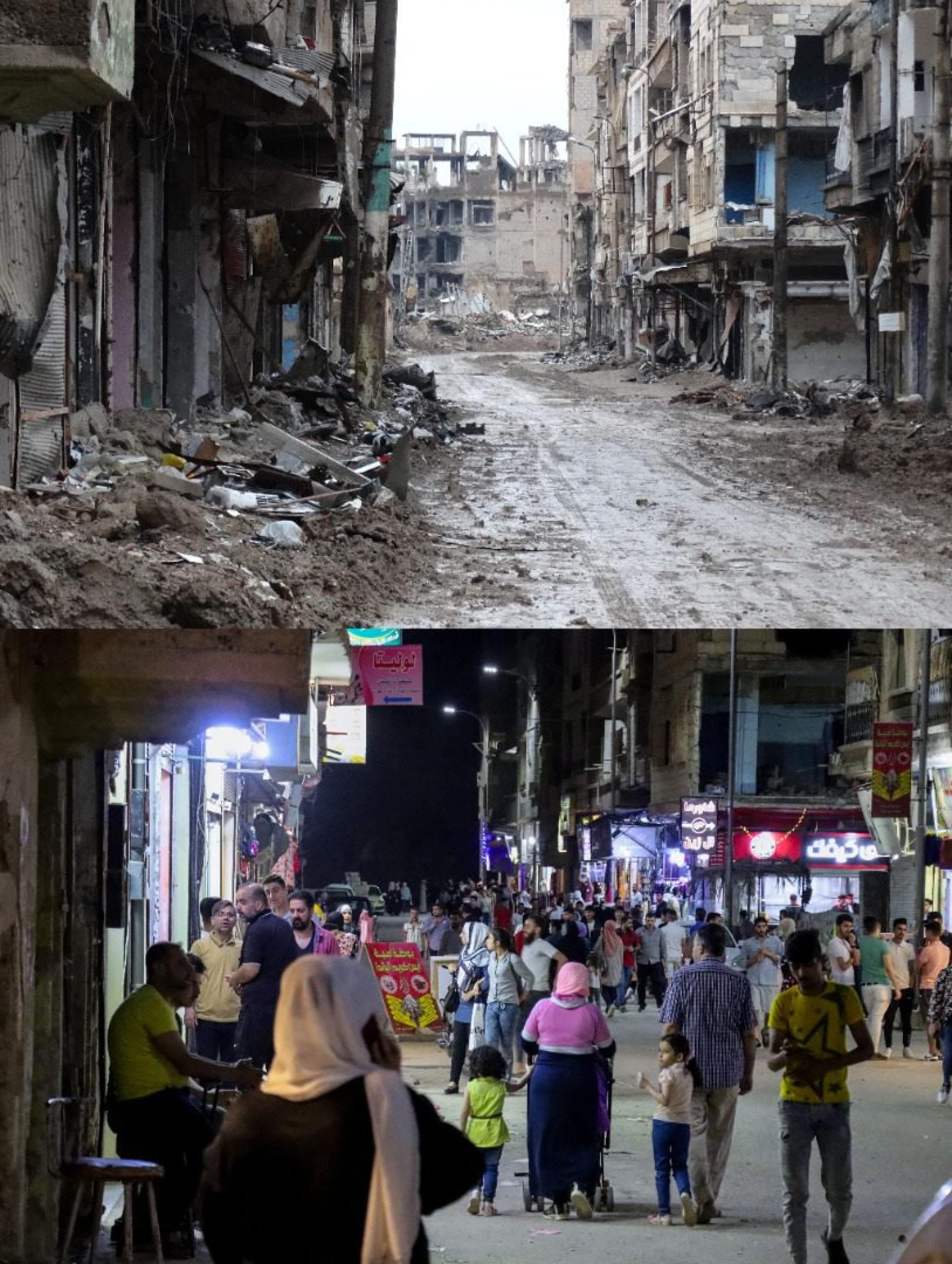 To the left: Cinema Fouad Street in central Deir Ezzor was heavily destroyed during the hostilities. To the right: After the interventions of the UN Joint Programme on Urban and Rural Resilience, businesses have reopened, and life has started to return to Cinema Fouad Street. 