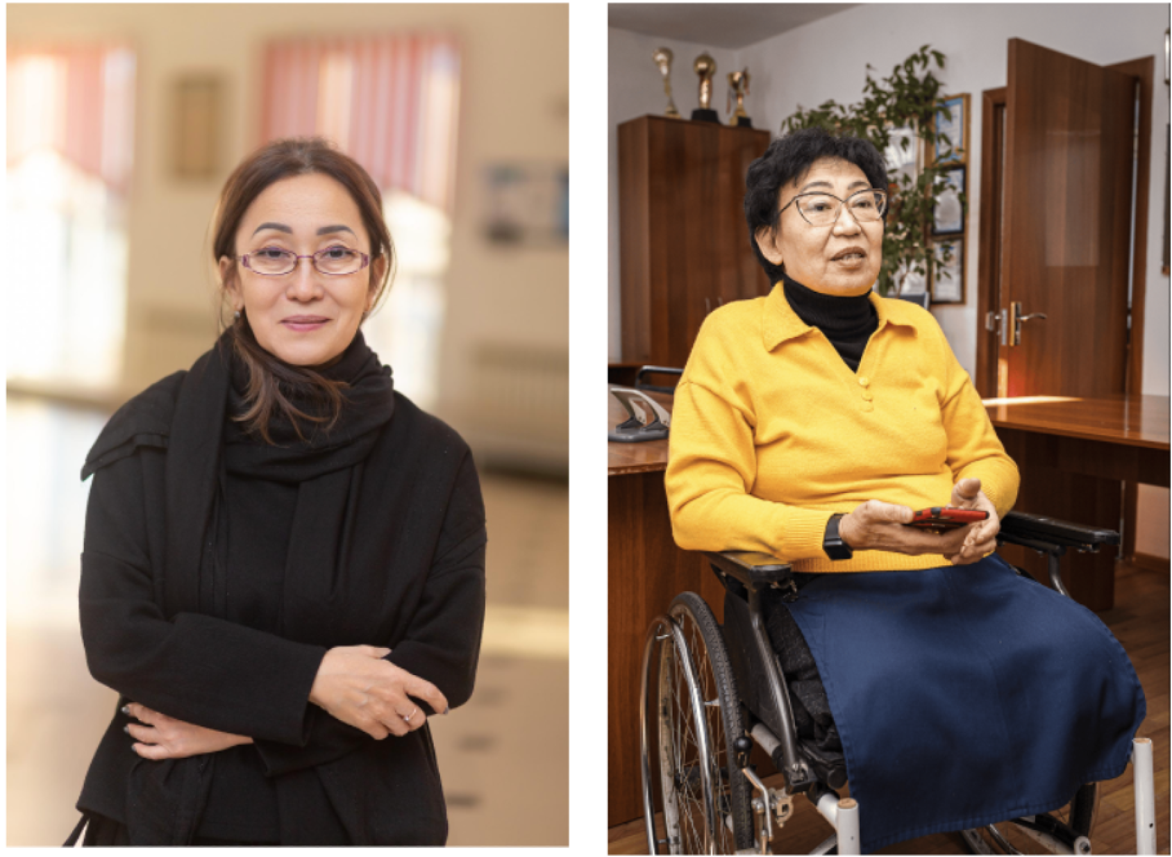 Two women side by side, one in a black shirt and another in a yellow jacket on a wheelchair