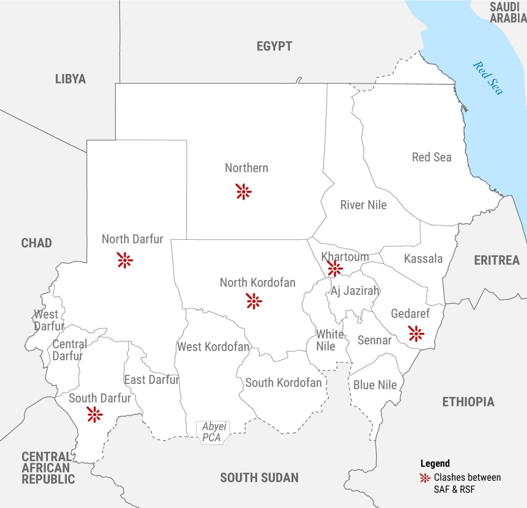 Map of Sudan marking areas of clashes