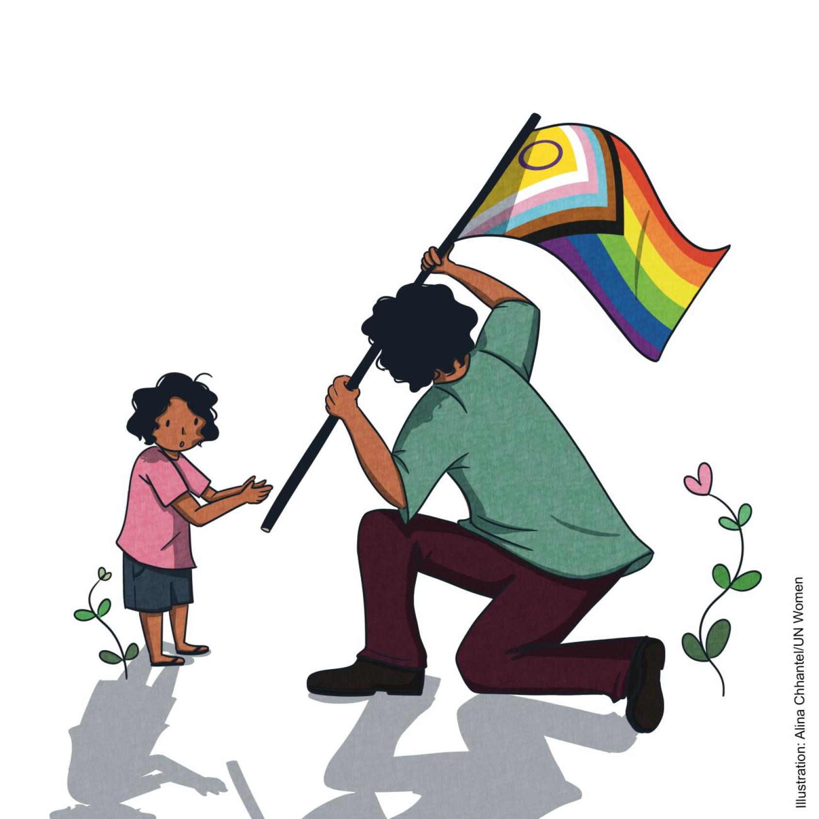 An illustration of a person in a green shirt carrying a rainbow flag and passing it on to a child in a pink dress