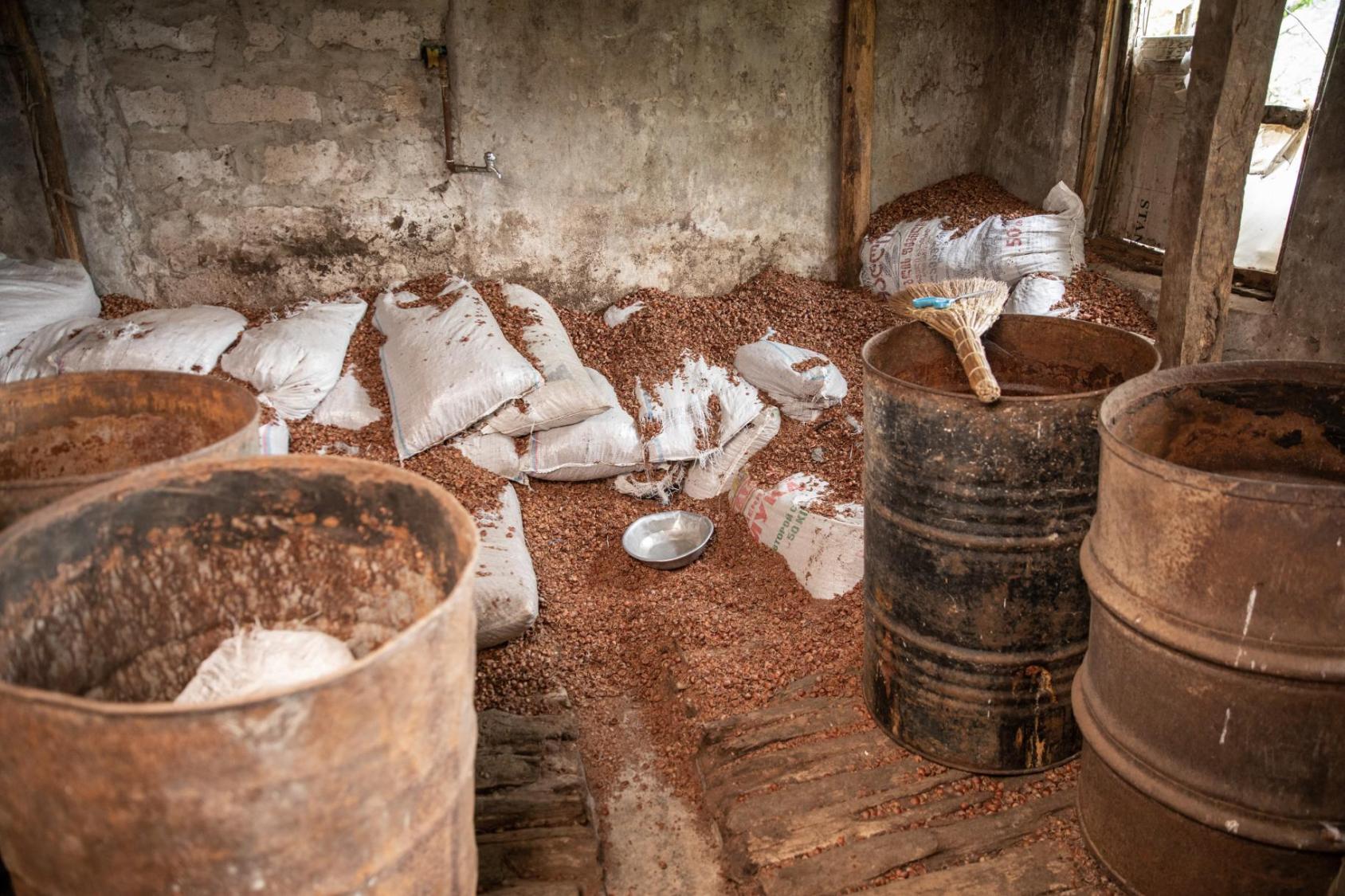 Giant tubs of brown hazelnut shells in a shed with white walls and white sacks on the floor