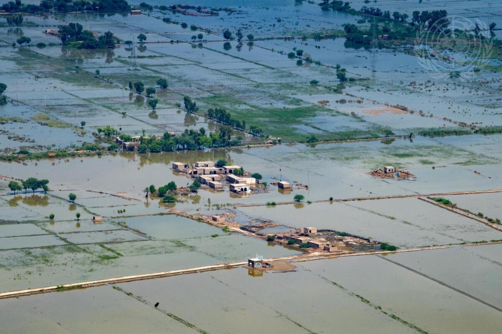 An aerial shot of flooded lands in Pakistan