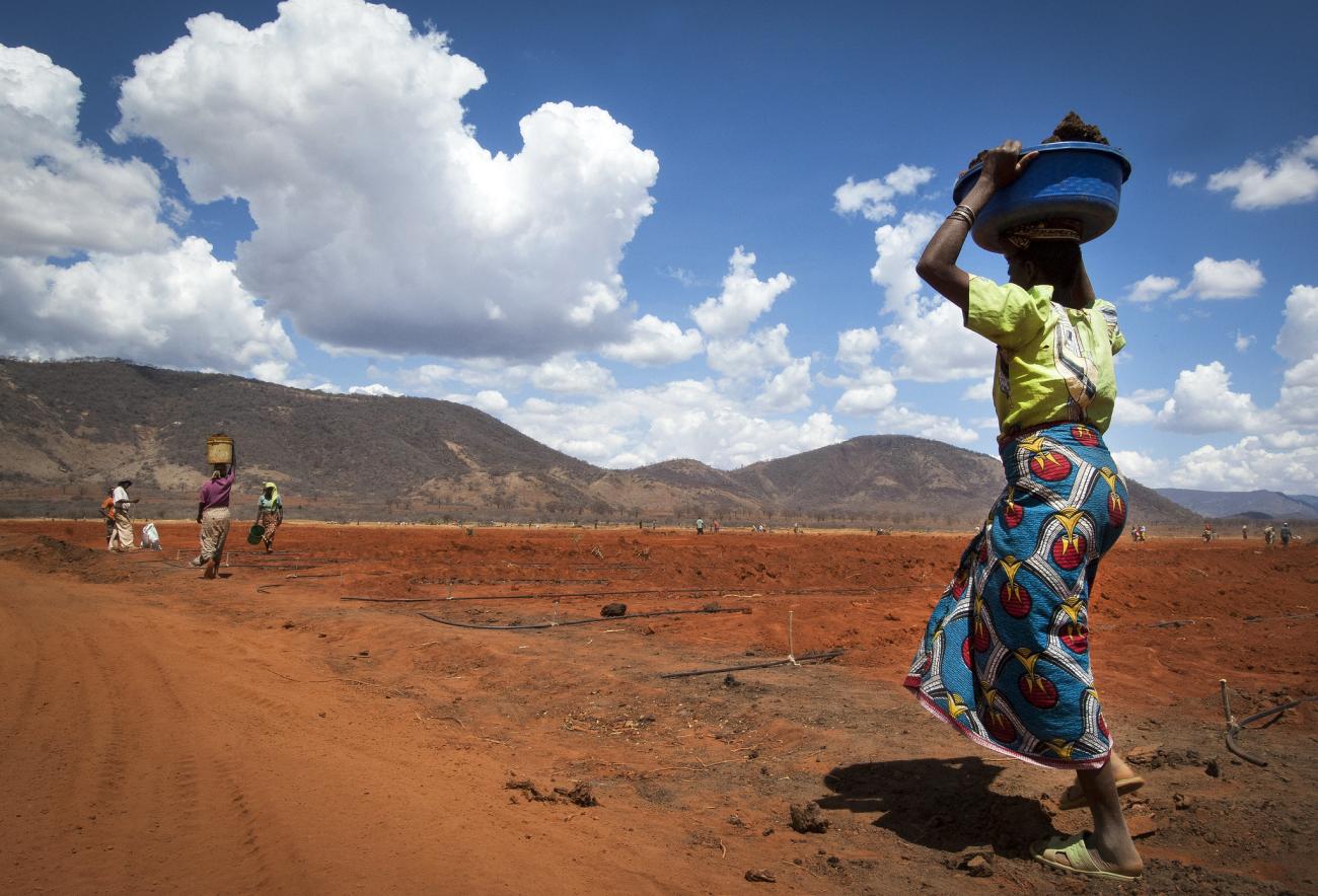 Une femme africaine traverse une plaine désertique en portant un panier sur la tête.