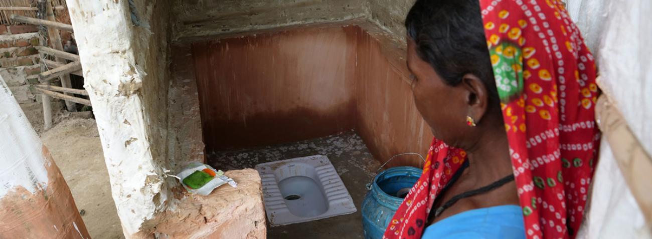 Banner depicts Nepalese woman standing near a toilet built in her village. 