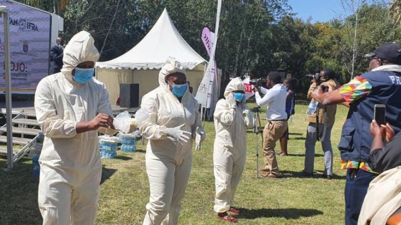 Journalists wear protective gear during World Press Freedom Day commemorations in Harare