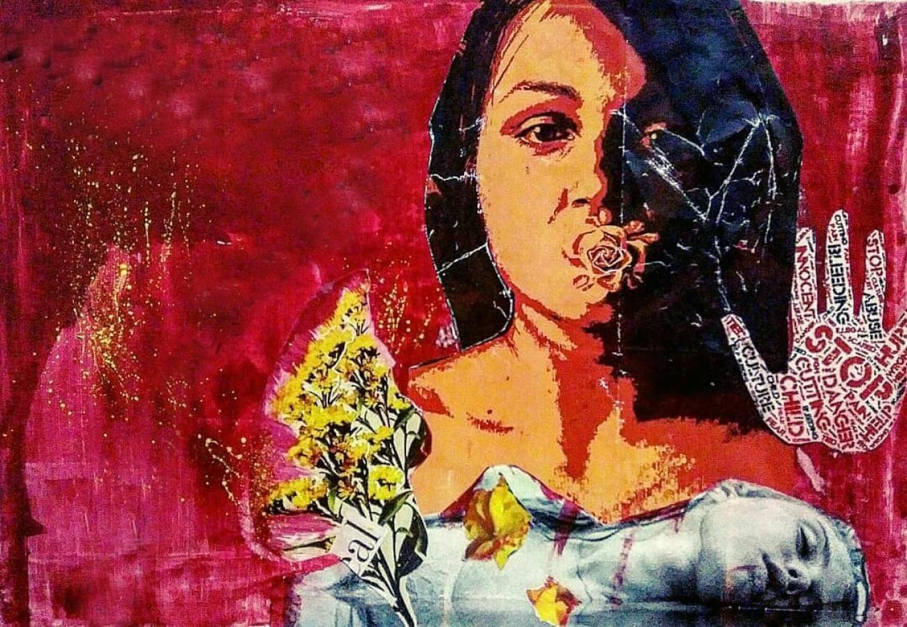 Artwork shows a collage of a girls face, a hand painted with the words stop and an image of a woman laying across the canvas. 