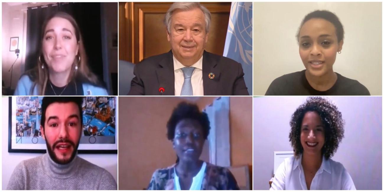 لقطة من اجتماع افتراضي يضم خمسة من قادة الشباب مع الأمين العام للأمم المتحدة.