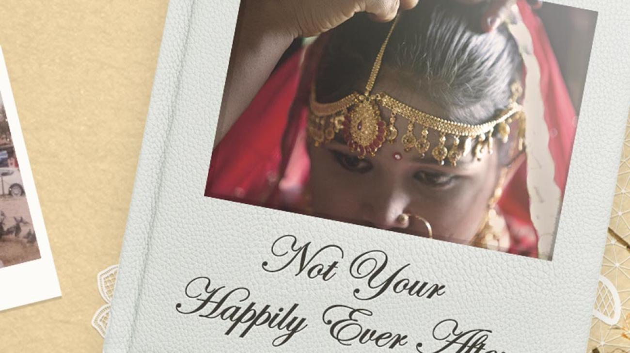 The image shows a young girl dressed in a traditional Bangladesh cultural headdress as the cover of a wedding album, with the text "Not Happily Ever After" inscribed just beneath the image.