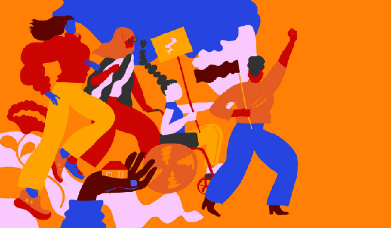 A colourful graphic illustration of women of varying sizes, colours and abilities march to the right against an orange background. 