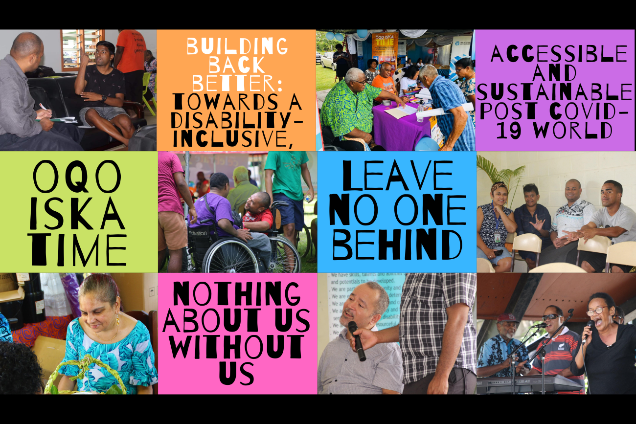 Una recopilación de palabras e imágenes que muestran diferentes formas en las que la ONU contribuye a alcanzar los ODS al ayudar a las personas con discapacidad.