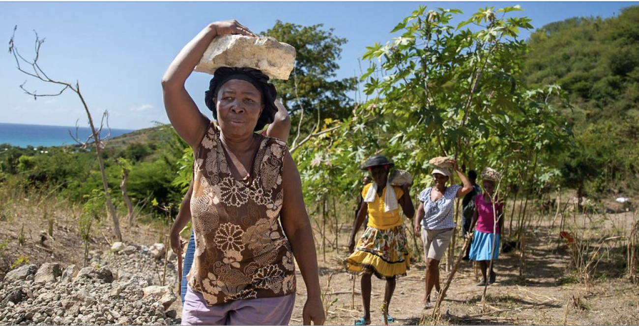 تنضم النساء إلى الجهود المجتمعية لإصلاح الطرق التي دمرها الزلزال في جنوب غرب هايتي.