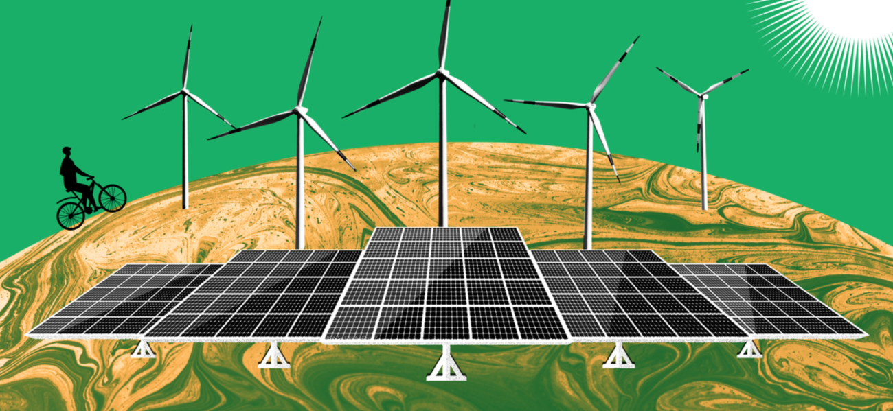 A graphic depicting alternative energy (solar panels and wind turbines).