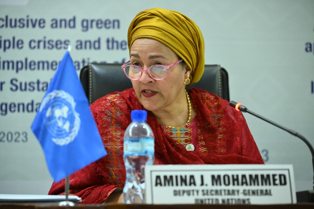UN deputy secretary general Amina Mohammed speaking at a podium