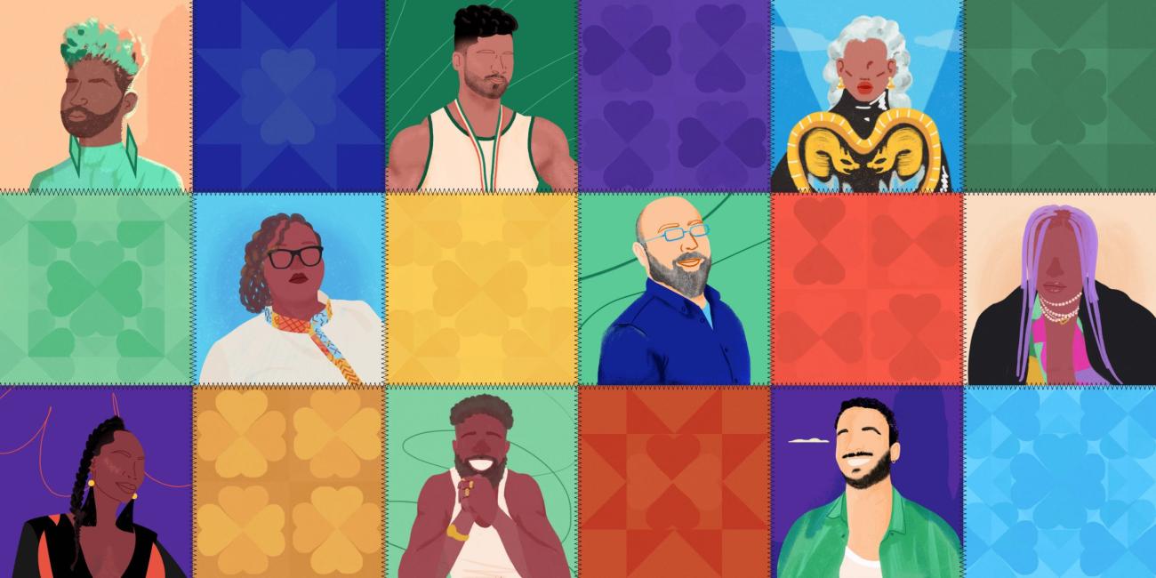 Colourful panel with illustrations of different people in each square