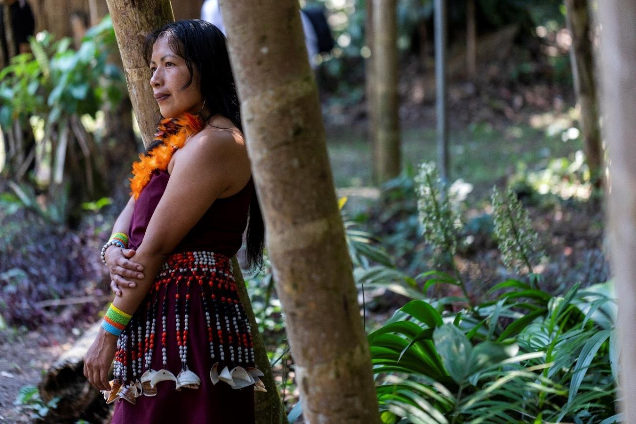An indigenous woman in a brown skirt and yellow flowers stands in front of a tree in a green clearing