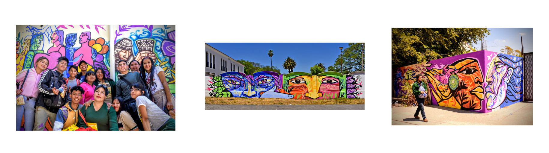 Un mosaico muestra tres imágenes: una de jóvenes que sonríen alegremente delante de su mural; la segunda muestra un mural de dos rostros de vivos colores, y la tercera, un joven que pasa junto a un mural de dos personas de vivos colores.
