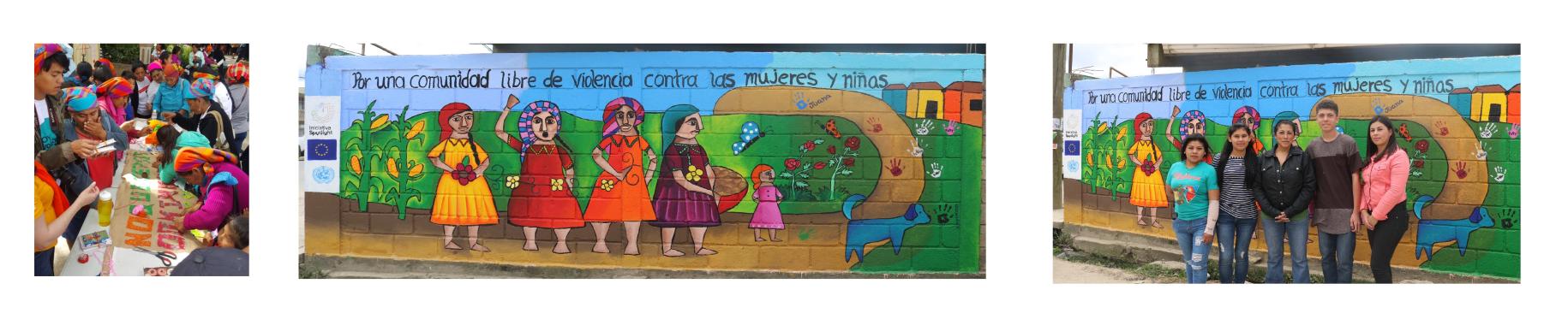 Three tiles of images: the first shows members of the indigenous community painting around a table, the second shows the full mural which displays indigenous women under the headline "For a community free of violence against women and girls;" and the third shows community members standing in front of the painted mural. 