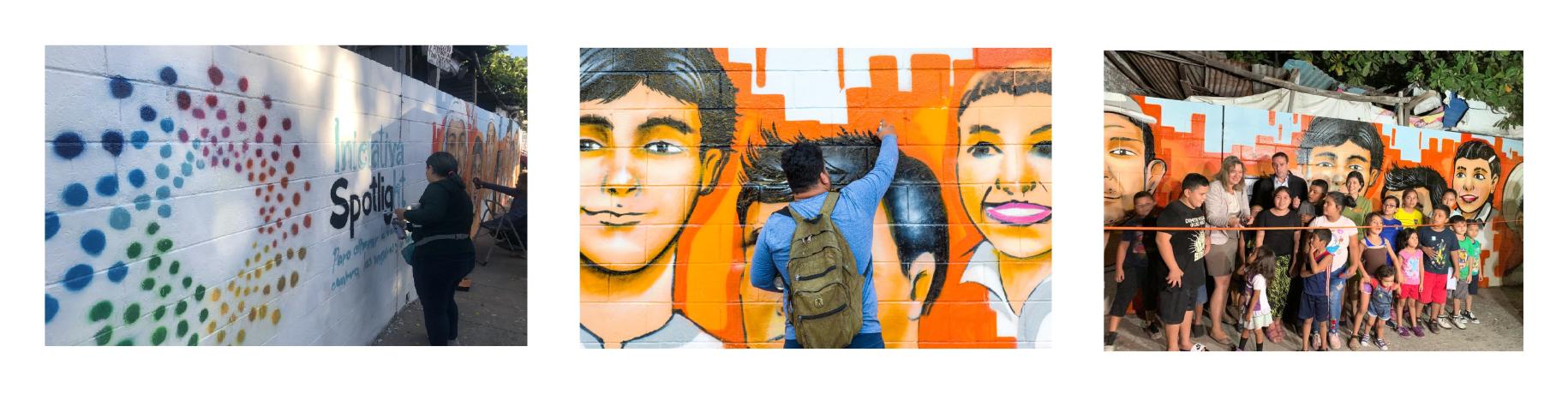 Three images: The first shows a young woman painting the Spotlight Initiative logo against a white coloured brick wall, the second a young man painting a mural of youth, and the last shows children, youth and community members cutting the ceremonial ribbon in front of the painted mural. 