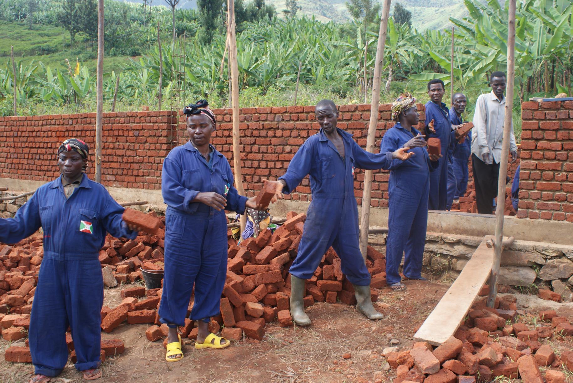 Shows an assembly line of people passing along bricks as they take part in a construction.
