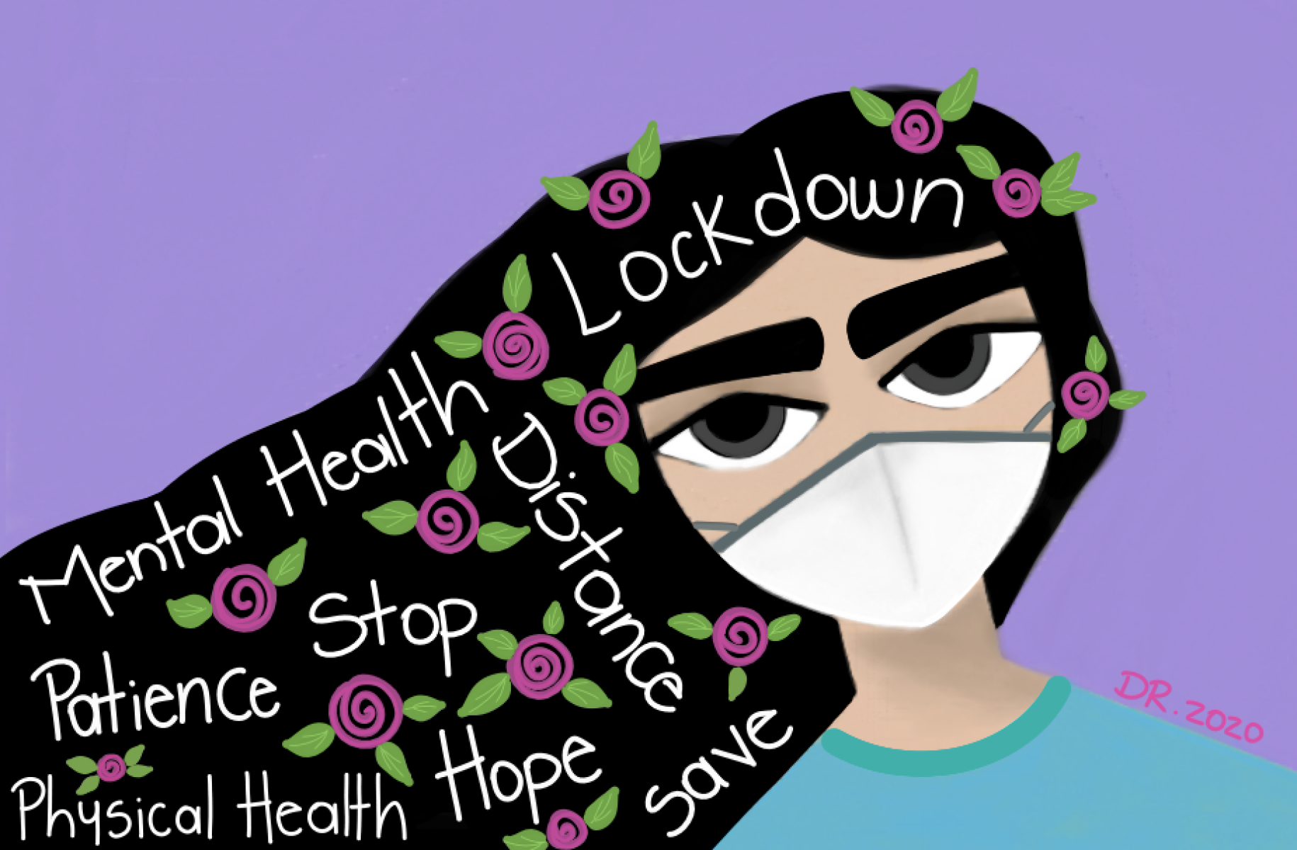 يُظهر الرسم فتاة ترتدي قناع وجه مع مصطلحات متعلقة بالصحة العقلية مكتوبة على شعرها.